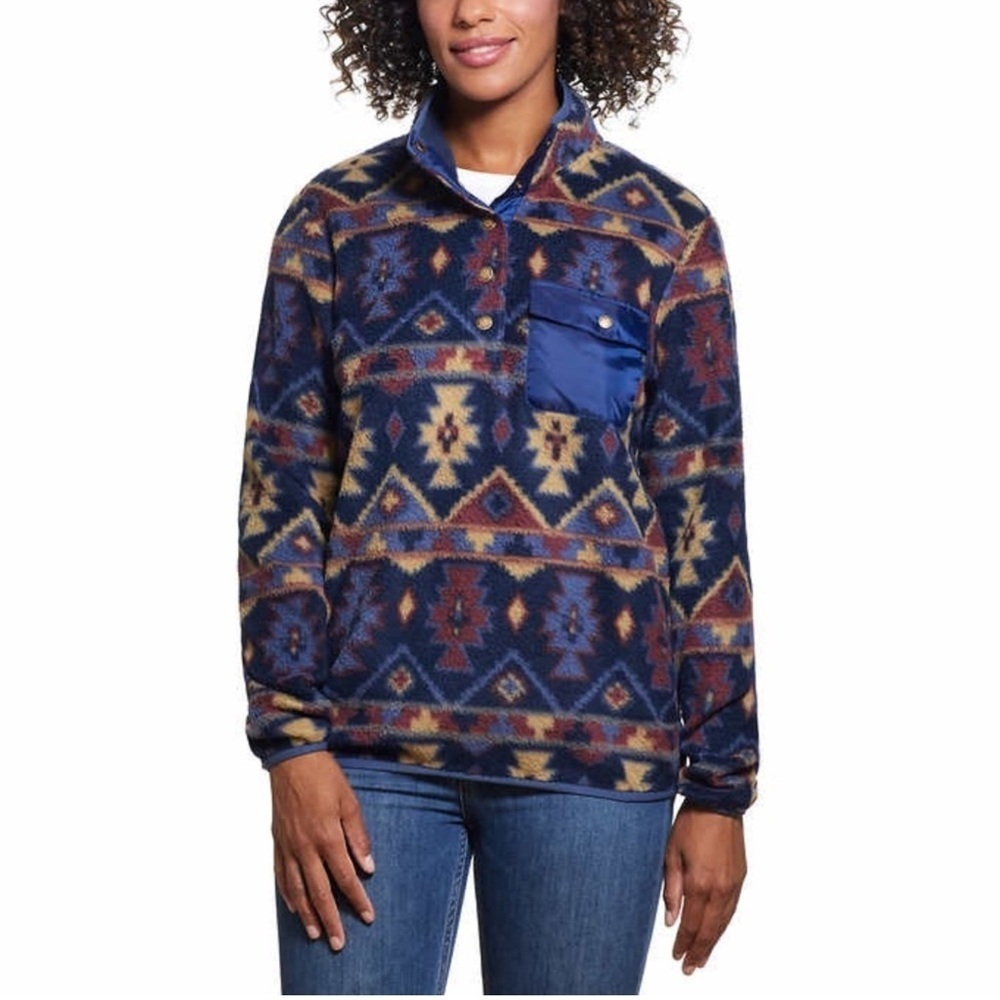 Weatherproof Vintage Navy Blue Aztec Boho Fleece Pullover- Size Small